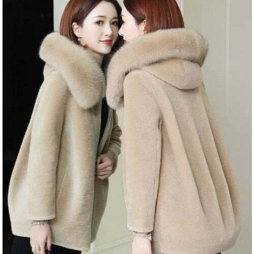 Jacket Women Real Fur Coat Womens Autumn Winter Clothes Sheep Shearing Jacket Female Fur Collar Hooded Coat Veste Femme X541