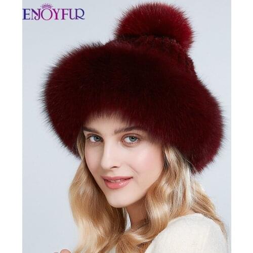 ENJOYFUR Natural mink fur hats for women winter thick warm fox fur caps with pompom fashion russian style beanies