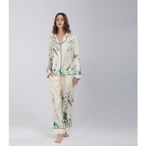 Women Painting Bird Language Floral Pajamas Sets Sexy Cardigan Pyjamas Suit Satin Sleepwear 2PCS Nightwear Loungewear Home Wear
