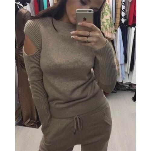 Amolapha Women Winter Tracksuits Casual Knit Off Shoulder Long-sleeved Solid Pullovers Long Pants Two-piece Clothing Sets