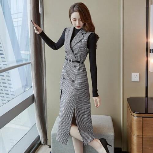New 2020 Autumn Winter Vintage Elegant Women Two Piece Houndstooth Notched Vest Long Dress Set + Black Slim Knitting Tops Suit