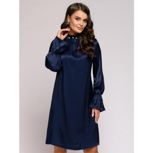 Women Elegant Beading Turtleneck Hollow Out Backless Dress Flare Sleeve Solid Color Navy Blue Dress Autumn Spring Mini Dress