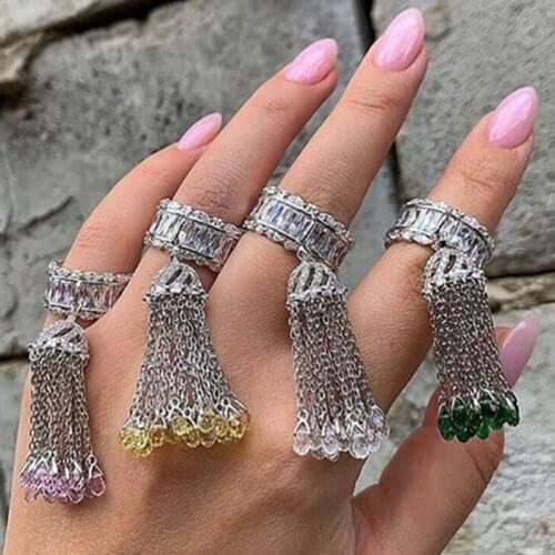 SLJELY Luxury Brand Pure 925 Sterling Silver White Pink Yellow Green Tassel Crystal Stones Finger Ring Women Girl Fine Jewelry