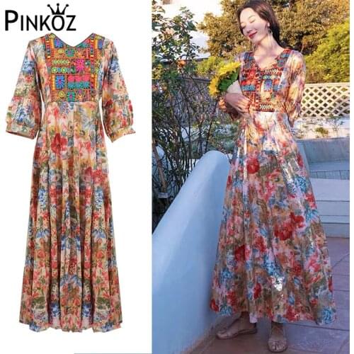 Pinkoz vintage flower embroidery v-neck maxi dress bohemian vocation beach summer high waist dresses women A-line robe majer