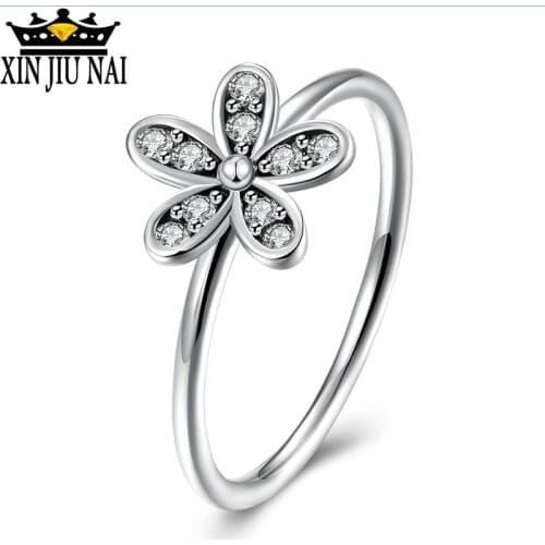 2 Colors Fashion Elegant 925 anillos-Silver-Jewelry Dazzling Daisy Flower Rings cute girl Clear CZ women Wedding band Jewelry