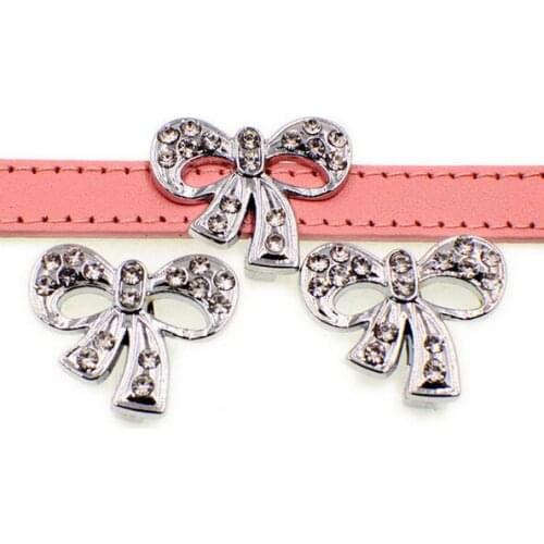 20, 50)PCS/lot 10MM Rhinestones Bow Tie Slide Charm Fit For 10mm DIY Leather Wristband Keychains