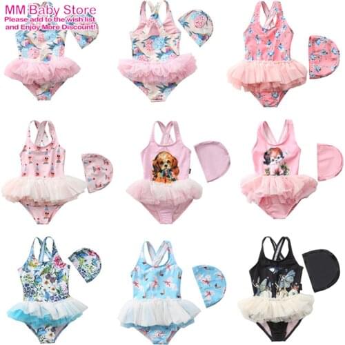 2021 Summer Baby Girls Cute Pluffy Unicorn Staps Swimsuit Cap Children Dog Straps Swimwear Bath Wear Ballerina Ballet Style