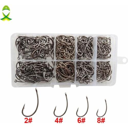 400pcs 8245 High Carbon Steel Carp Fishing Hooks Silver black Coated Circle Curve Shank Carp Hair Rigs Hooks Set With Box