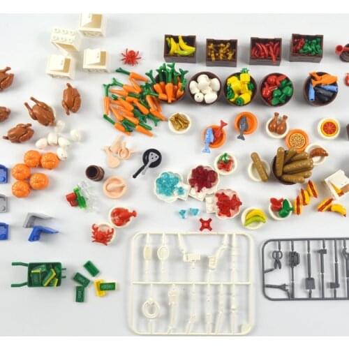 City Accessories DIY Bricks Fish Fruit Chicken Pumpkin Hot Dog Coins Toy MOC Parts Compatible All Brands Food Building Blocks