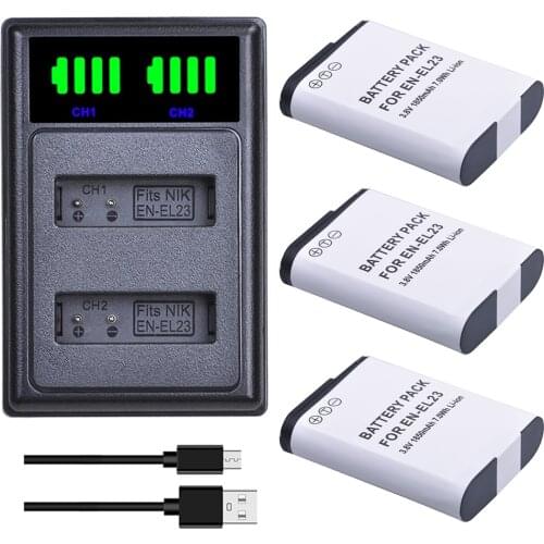 EN-EL23 ENEL23 EN EL23 Battery +LED USB Dual Charger with Type C port For Nikon COOLPIX P900, P610, P600, B700, S810c Camera