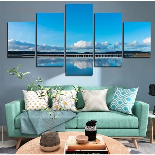 Blue Sky And White Clouds Lake Surface Canvas Poster Landscape Wall Art Print Five-piece Plate Painting Nature Decor Picture