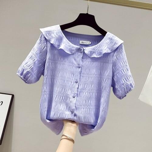 Summer short-sleeved doll collar single-breasted pleated shirt top temperament blouse female