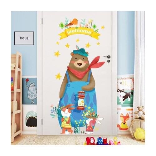 Cartoon Kids Room Door Wall Sticker Welcome Bear Stairs Nursery Aisle Wall Pictures Baby Room Decoration Poster Animal Mural