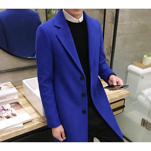 Fashion Men Winter Clothing Long Royal Blue Woolen Coat Slim Fit Wool Overcoat Male Oversized Casual Blend Tweed Jacket Boy Xxxl