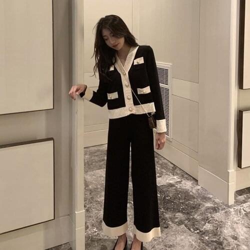 2021new Womens Online Red Casual Fashion Slimming Knitted Wide-Legged Pants Two-Piece Suit for Women