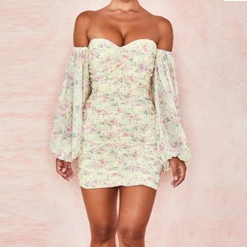 2021 New Style Womens Floral Dress Wrapped Mini Long Sleeve Slash Neck Fall Girl Tummy Control Off-Shoulder Clothes