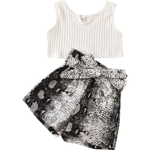 New Baby Girls Clothes Sets Summer Sleeveless Solid Vest Tops Snakeskin Print Bowknot Shorts 2pcs Set