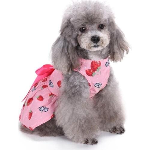 Pet Puppy Cat Dog Clothes Cute Sweet Strawberry Ribbon Bowknot Decor Dress Dog Accessories Birthday Party 2021