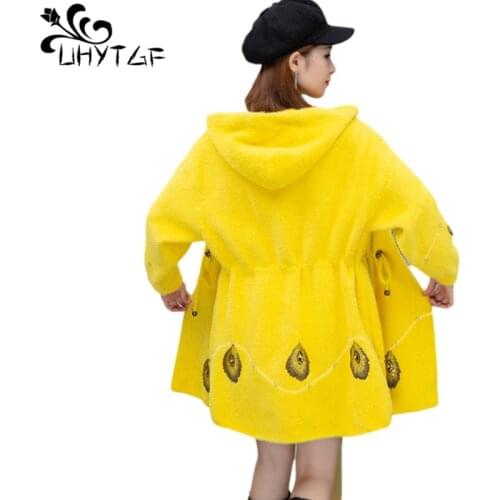 UHYTGF Mid-Length Autumn Winter Sweaters Jacket Women Quality Mink Fleece Knitted Coat Cardigan Female 3XL Plus Size Outwear1918