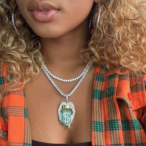 Iced Out 5A CZ Silver Color Micro Pave CZ Hip Hop Bling Mouth Lip Dripping Money Dollar Pendant Necklace For Women Jewelry