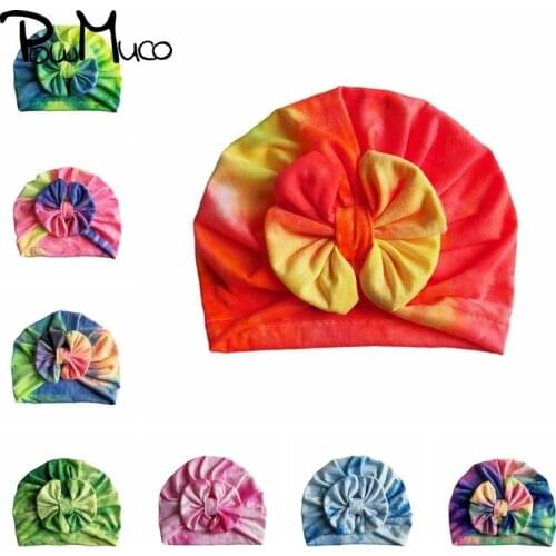 Powmuco 19.5*15 CM Baby Girls Tie-dyed Cotton Hats Colorful Handmade Bowknot Infant Caps Cute Bows Children Headwear Kids Gifts