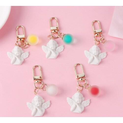 Retro Gothic White Wing Angel Keychain Girl Cute Ball Resin Keyring Women Couple Bag Pendant Key Ring Accessories Christian Gift