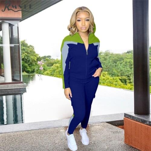 RMSFE 2021 European And American Womens Long Sleeve Hooded Zipper Top Fashion Casual Stitching Pocket Two Piece Set