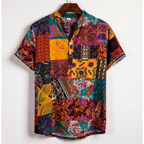 Vintage Printing Short Sleeve Shirt Male Oversized Hawaiian Short Sleeve Blusas Comfy Button O Collared Camicias Harajuku Tops
