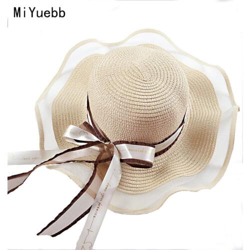 New Adult female straw hat bow girl summer sun hat vacation shade beach hat 3MZ6