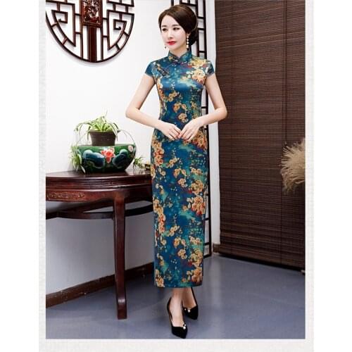 Chinese Traditional Women Short Sleeve Slim Printe Artificial Silk Cheongsam Ladies Qipao Vintage Collar Tight Bodycon Dress