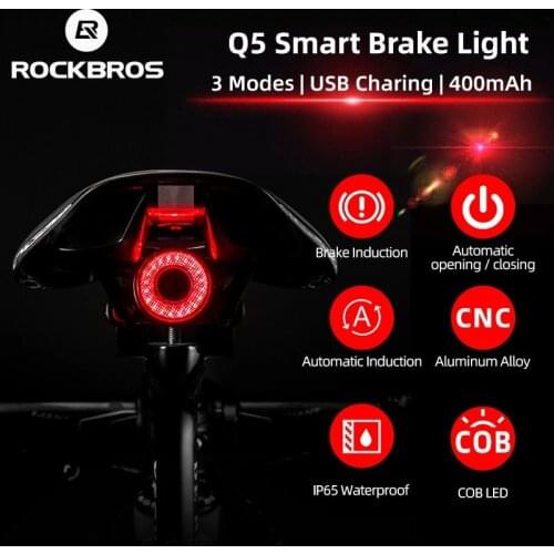 ROCKBROS Bike Light Smart Sensor Rear Light USB Rechargeable MTB Road Bicycle Light Taillight CNC Aluminium Cycling Flashlight