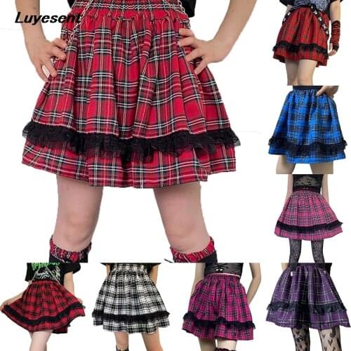 Korean Fashion Lolita Y2k Girl Skirt Japanese Lady Plaid Mini Pleated Skirts Lace Gothic Sexy Midi Summer Cool Sweet Clothes