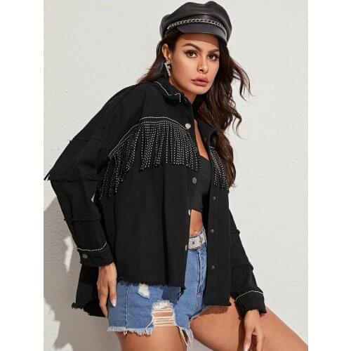 Donsignet Women Denim Jacket Tassel Denim Jacket Womens Spring Autumn New Diamonds Loose Jacket Trend Denim Casual Jacket Woman