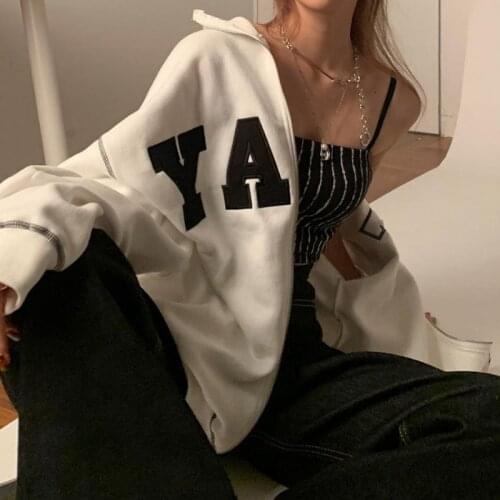 2021 Fashion Street Simple Letter Print Women Sweatshirt Long Sleeve Zip Loose Hooded Jacket Girl Hoodie Contrast Stitch Coat