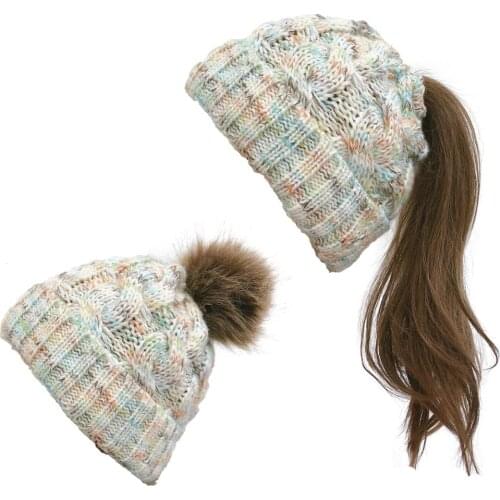 Womens Winter Hand Knit Faux Fur Pompoms Beanie Hat Thick Slouchy Cable Knit Skull Hat Ski Cap