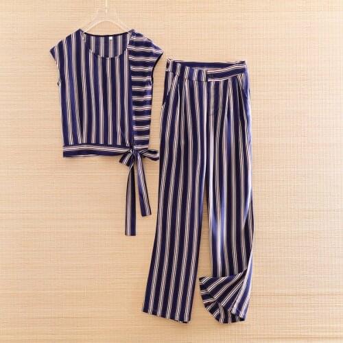 High-end Summer Women 2 Pieces Set Stripe Bow Shirt Top + Wide-leg Pants Elegant Lady Casual Suit S-XL