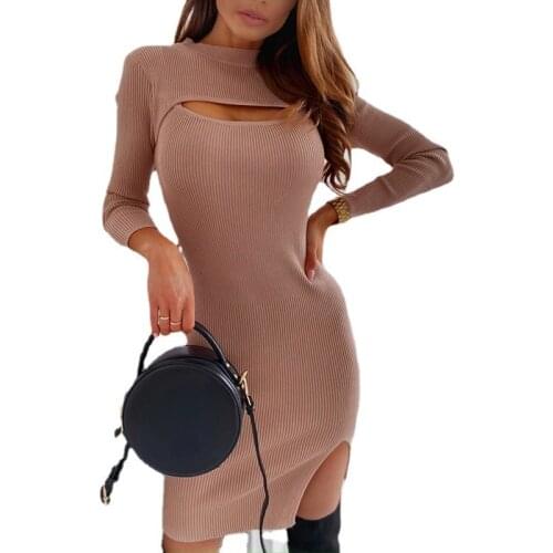Autumn Sexy Hollow Out Mini Dress Long Sleeve Round Neck Fashion Split Sliod Slim Women Dress 2021 Vestidos