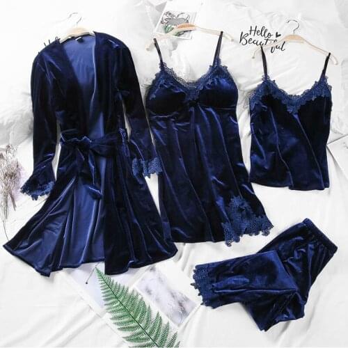 Gold Velvet 4 Pieces Warm Winter Pajamas Sets Women Sexy Lace Robe Pajamas Sleepwear home suit clothing