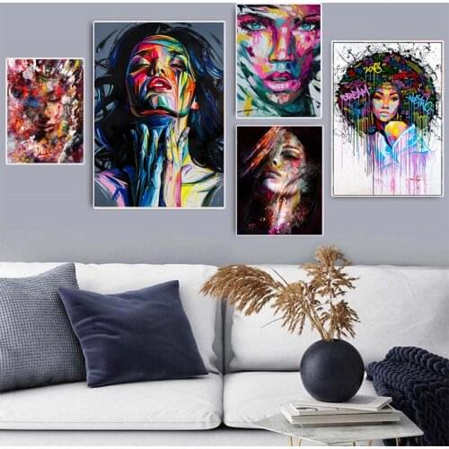 Abstract Woman Face Graffiti Street Art Oil Painting on Canvas Poster Cuadros and Prints Wall Art Picture for Living Room Decor