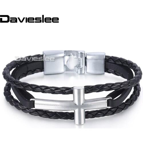 Davieslee Womens Mens Chain Cross Charm Bracelet Wristband Man-made Leather Braided Rope Link Black Silver Color 11mm LLBM117