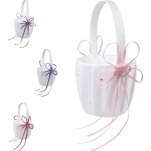 Double Heart Wedding Flower Girl Basket White Satin Rhinestone Decor Wedding Ceremony Party Favor