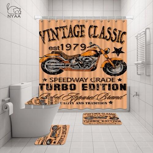 Retro Old Motorcycle And Car Flannel Non-Slip Bath Mat Toilet Cover Rugs Shower Curtain With 12 Hooks Bathroom Decor Set