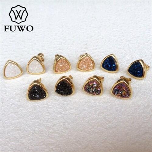 FUWO Triangle Druzy Stud Earrings With 24K Gold Filled Brass Bezel Dainty Gem Stone Earrings Fashion Jewelry Wholesale ER033