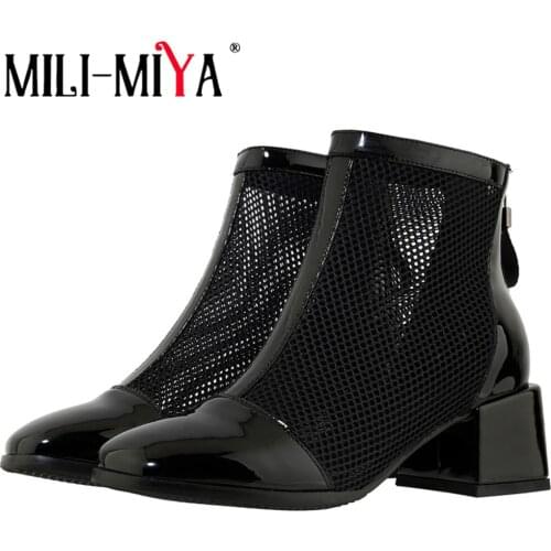 MILI-MIYA Fashion Breathable Mesh Women Cow Leather Cool Ankle Boots Black Thick Heels Round Toe Plus Size 34-43 Handmade
