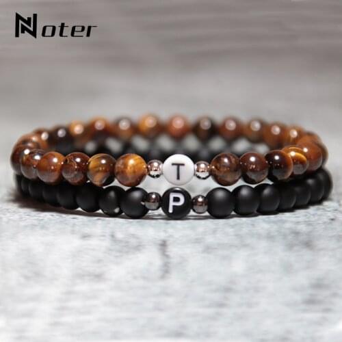 Noter Trendy 26 Letters DIY Distance Bracelet Homme Femme Natural Matte Tiger eye Beads Btaslet 6mm Small Stone Brazalete Gift
