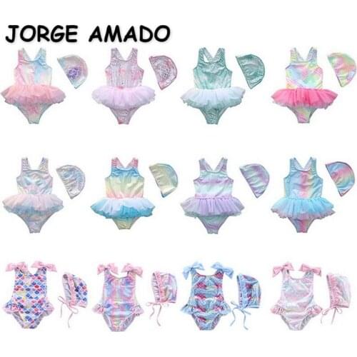 2021 New Summer Kids Girls Swimwear One Piece Rainbow Cartoon Mermaid Swimsuit with Swim Cap Children Swimsuit Kids Clothes E90