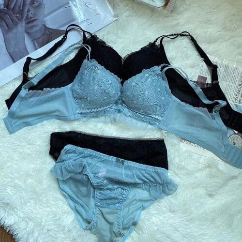 New sexy lace mother-of-fiber latex underwear sets no steel ring girl adjustable gather bra panties set