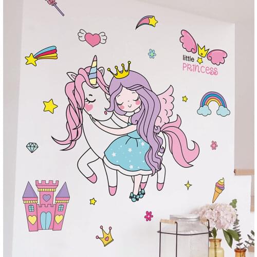 Cartoon Princess Girl Wall Stickers DIY Unicorn Animal Wall Decals for Kids Bedroom Baby Room Nursery Home Decoration