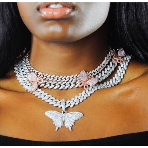 Wholesale Hip hop Butterfly Choker Necklace with cz paved For Women wide cuban Chain Statement Collar Female Chocke Jewelry