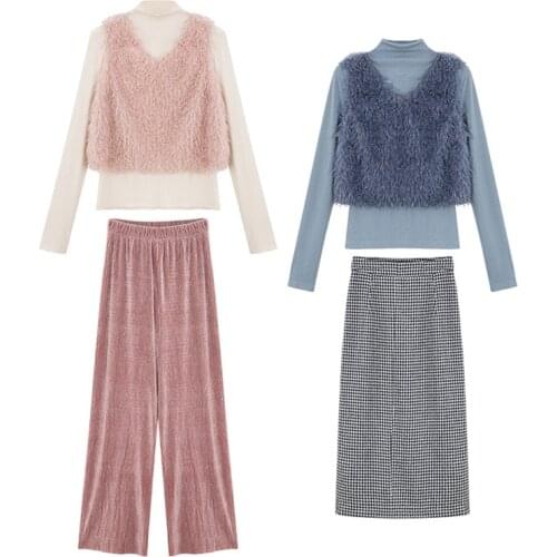 PERHAPS U Women Stand Collar Fur Vest Pullover Pink Blue Full Length Wide Leg Pants Three Pieces Set Houndtooth Skirt T0316